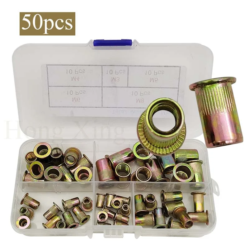 50Pcs/set M3 M4 M5 M6 M8 Zinc Plated Knurled Nuts Rivnut Flat Head Threaded Rivet Insert Nutsert Cap Rivet Nut Assortment