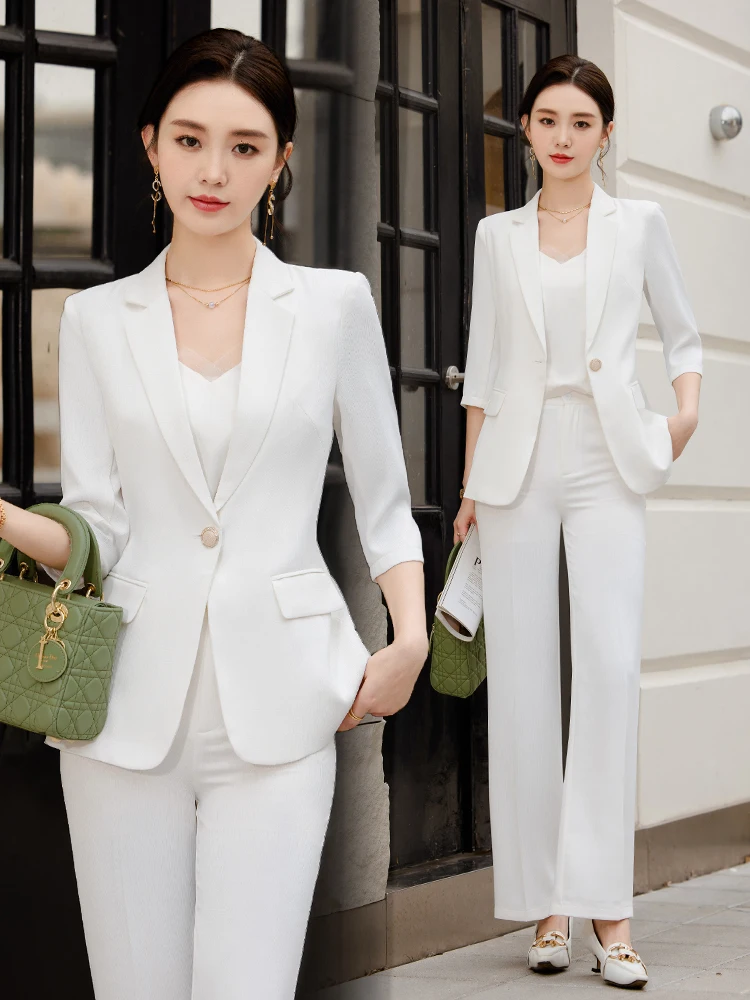 

White Suit Jacket Women Summer Thin Commute Formal Workwear Elegant Goddess Style Professional Ensemble Polyester Fabric