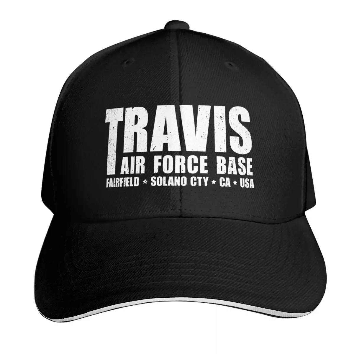 Travis Air Force Base Text Baseball Cap Cotton Twill Breathable Contrast Two Tone Brim Snapback Flat Bill