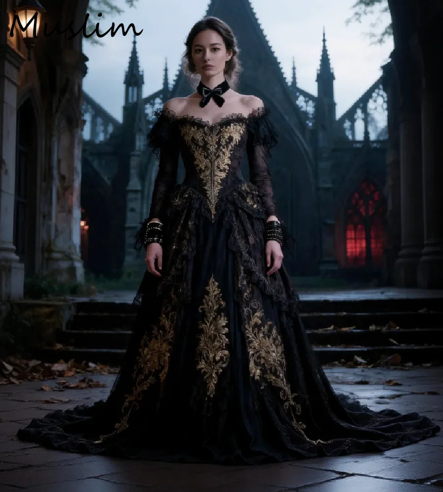 Vintage Black Gold Medieval Wedding Dress 2026 Off Shoulder Lace Gothic Renaissance Bridal Gowns Celtic Long Sleeve Basque Waist