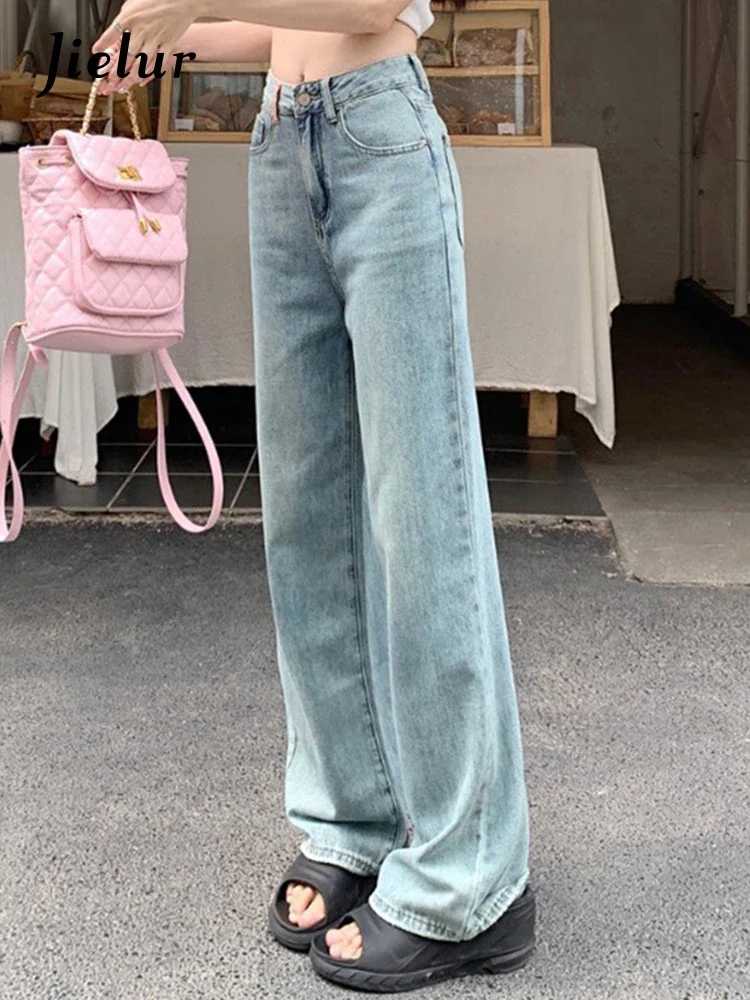 Jielur schlanke hellblaue lose weibliche Jeans Mode hohe Taille in voller Länge einfarbige Mode Damen weites Bein Hosen einfache Jeans