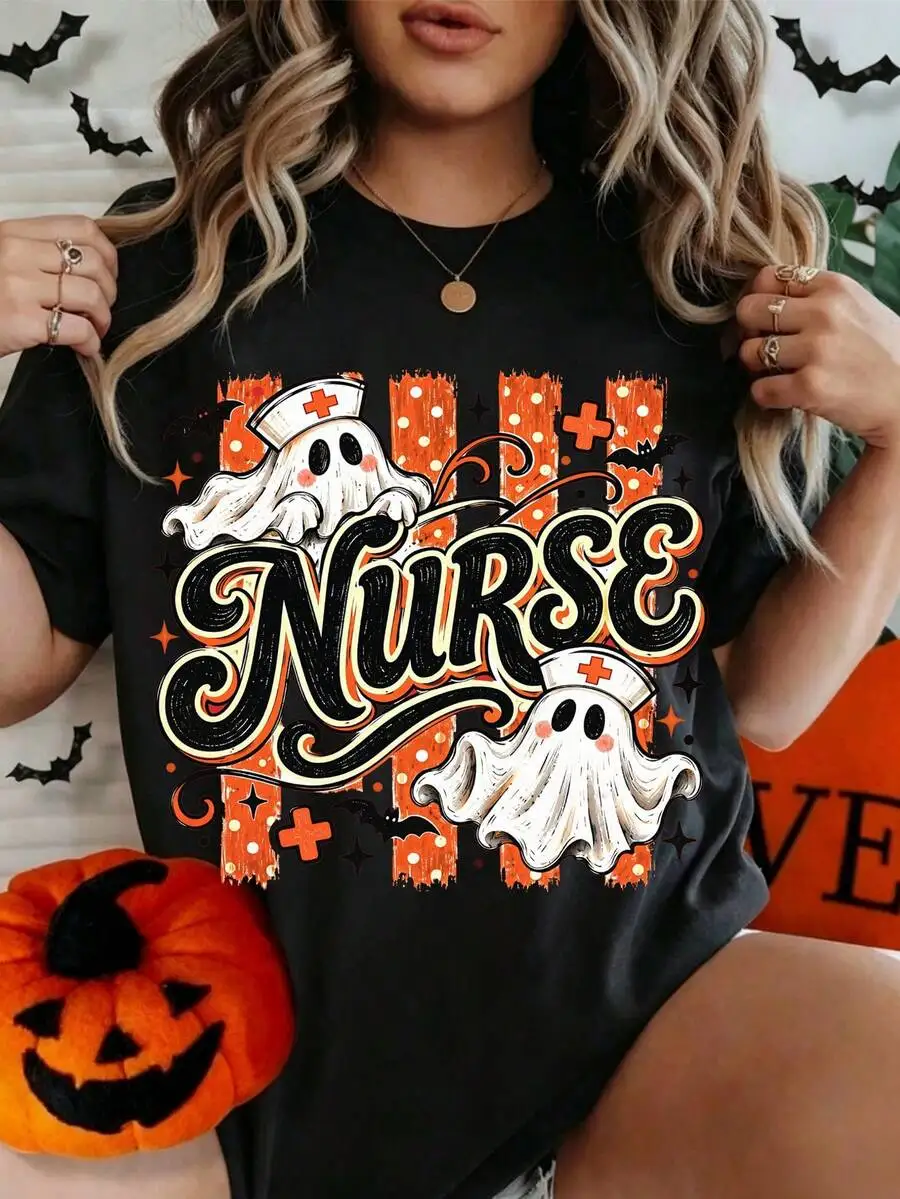 2026 New Fashion Women Crew Neck Printed T-Shirt Retro Halloween Ghost Nurse Theme Print Soft Breathable Comfort Vintage Autumn Casual Stylish Tops Basic Top T-Shirt