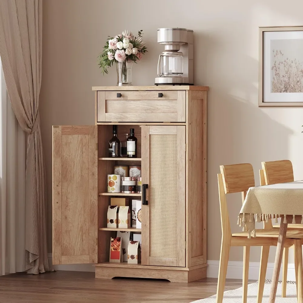 

Pantry Cabinet, Kitchen Pantry Cabinet with Rattan-Like Decoration,Storage Cabinet with Drawer and Adjustable Shelf