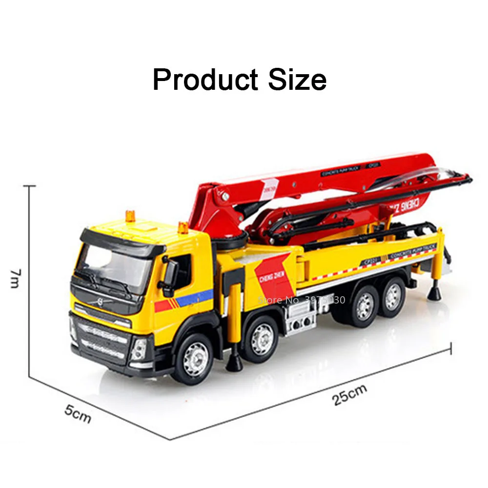 1/50 Alloy Large Engineering Vehicle Model Toy Volvo Concrete Cement Pump Truck Sound Light Arm Frame Extendable Gifts for Boys