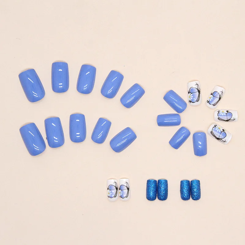 24 個中長フェイクネイル深海ブルーバタフライフルカバーネイルチップグリッタープレスオンネイル女性&女の子ネイルアート用