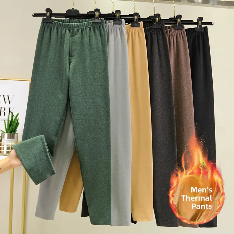 Men's Thickened Fleece Lined High Waist Thermal Cotton Trousers Autumn Winter Warm Tight Fit Base Layer Pants Velvet Finish