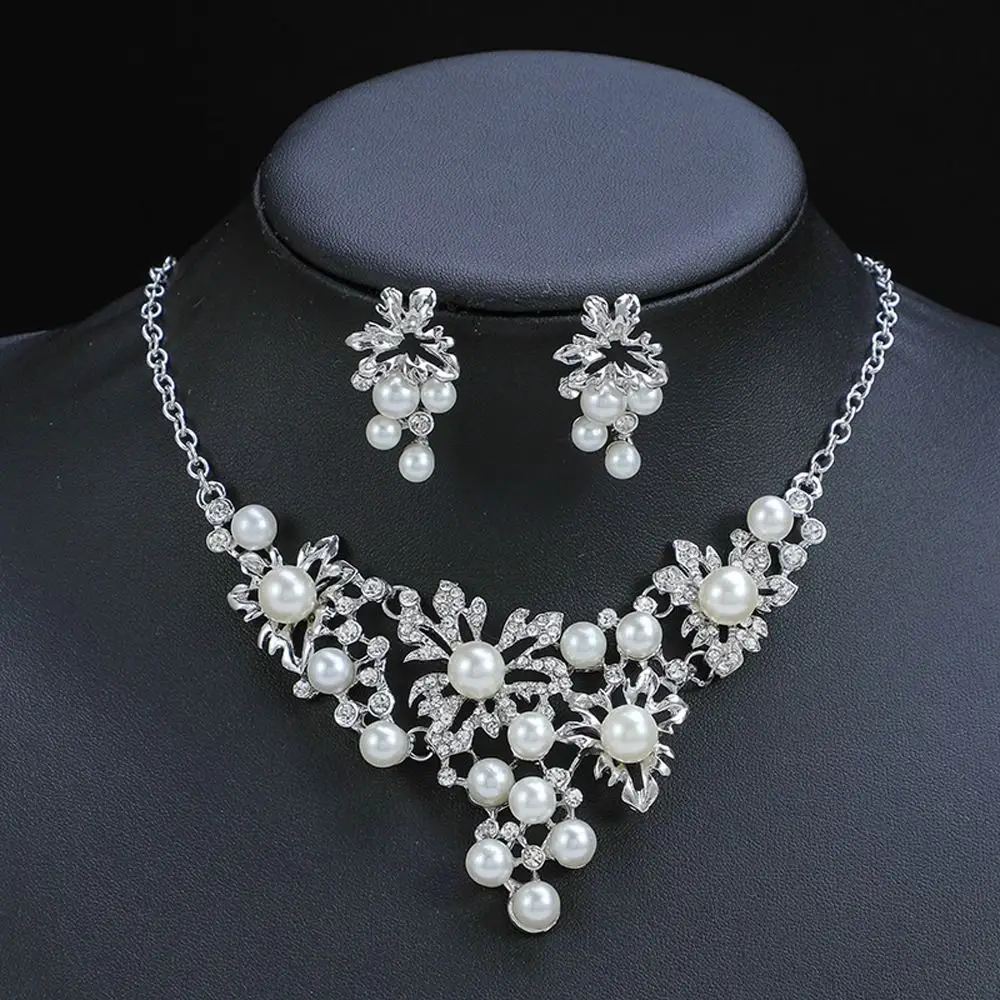 Legierung Strass Blume Jahrestag Geschenk Perle Baumeln Ohrringe Wasser Tropfen Ohrringe Frauen Halskette Braut Hochzeit Schmuck Set