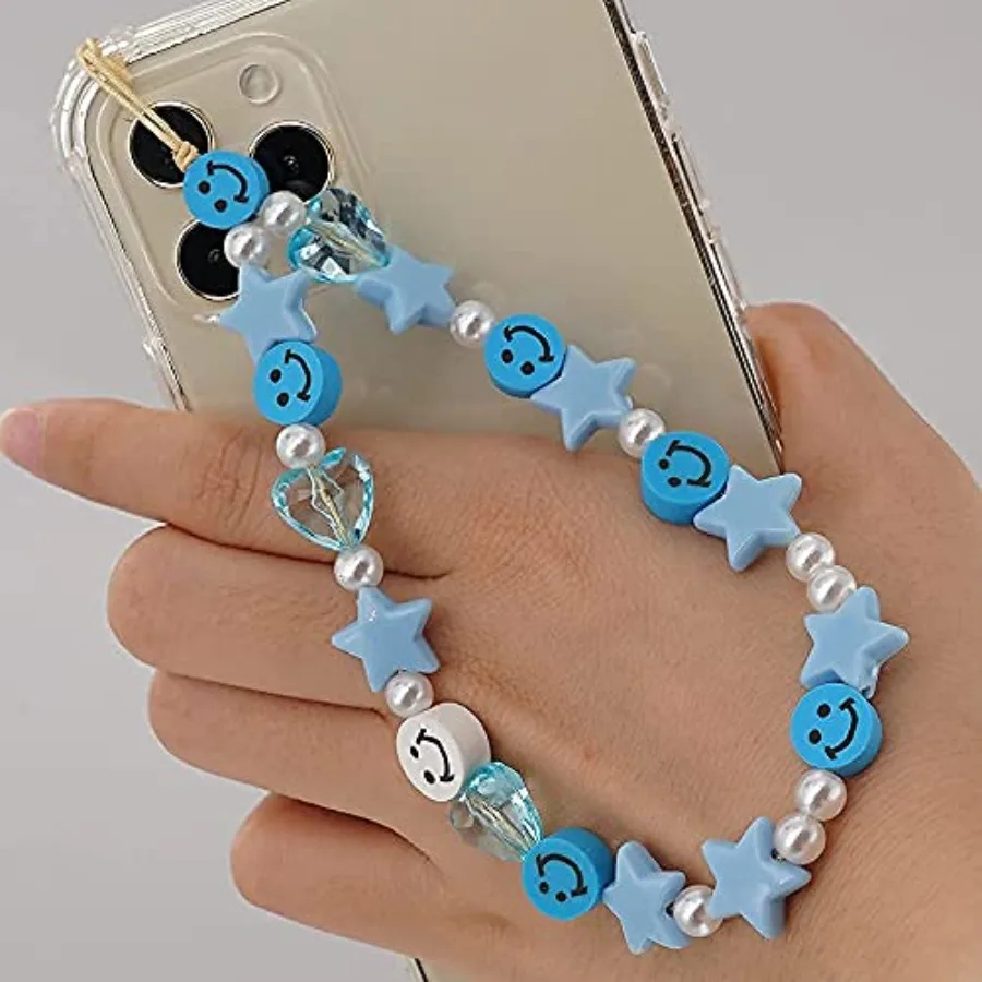 

Cute Beaded Phone Charm, Smiley Face Wrist Strap, Colorful Handmade Polymer Clay and Pearl Chain