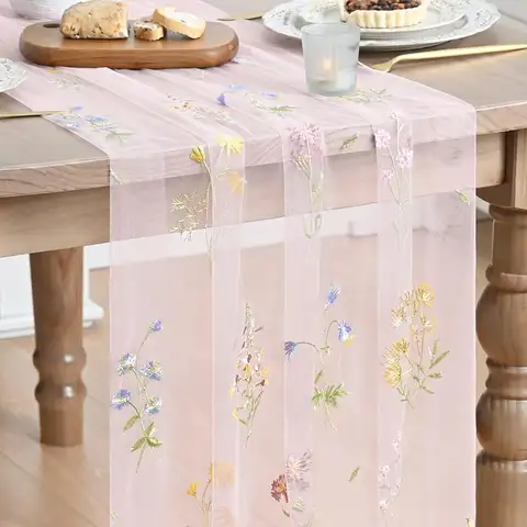 Wildflower Floral Light Pink Gauze Embroidery Table Runner 120 Inch 10FT, Tulle Seasonal Spring Kitchen Dining Table Decor f