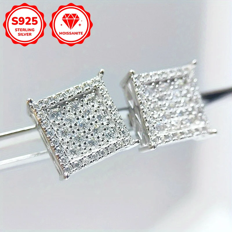 

1pair 0.7 Carat S925 Sliver Hip Hop Moissanite Square Stud Earrings, Fashionable Simple Luxury Moissanite Jewelry.