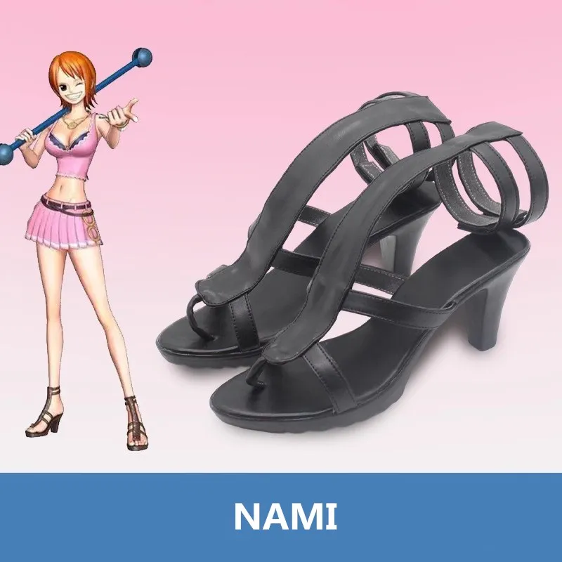 

JP Anime ONEPIECE Nami Cosplay Costume Shoes Black Handmade Faux Leather Sandal