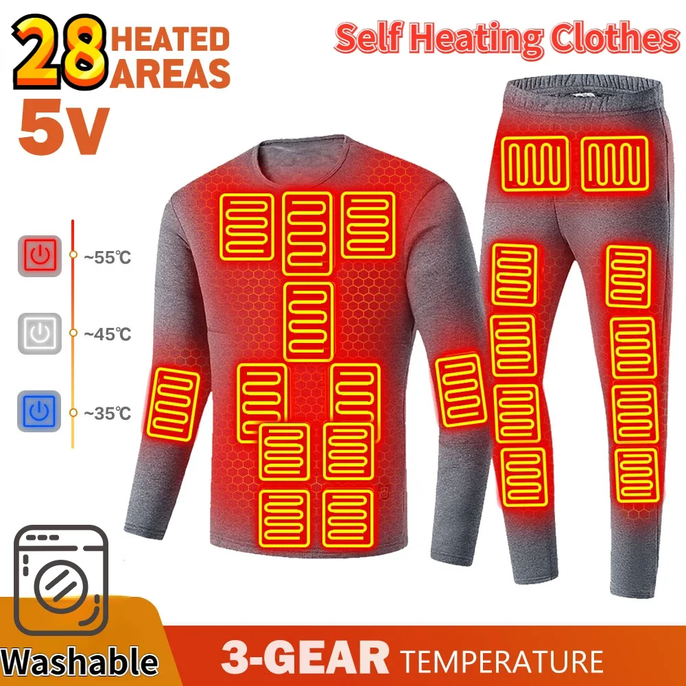 Heated Men's Set Usb Undershirt Thermal Underwear Ski Jacket Self-heating Cotton Jacket + Cotton Pants Thermal Suit Women Hiking