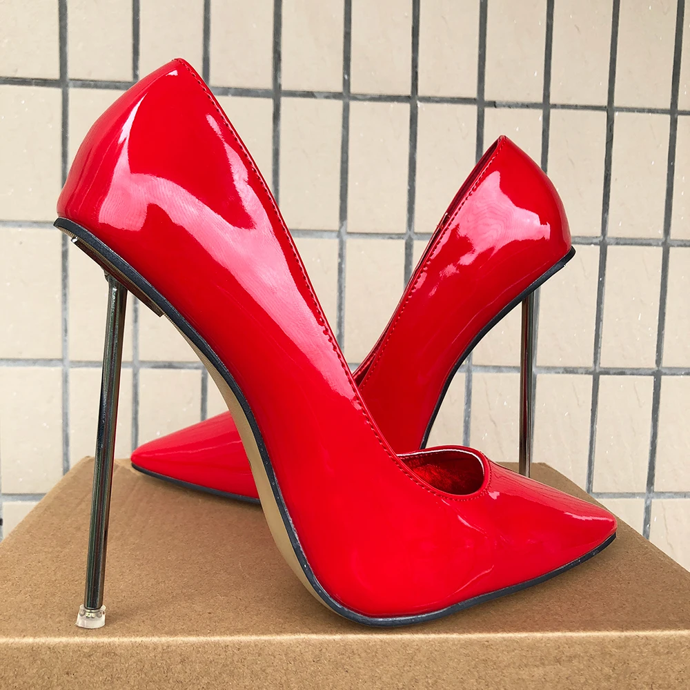 

Designer Women 12cm Metal Pumps Glossy Red Patent Stilettos High Heels OL Office Ladies Pointed Toe Unisex Shoes Plus Size46