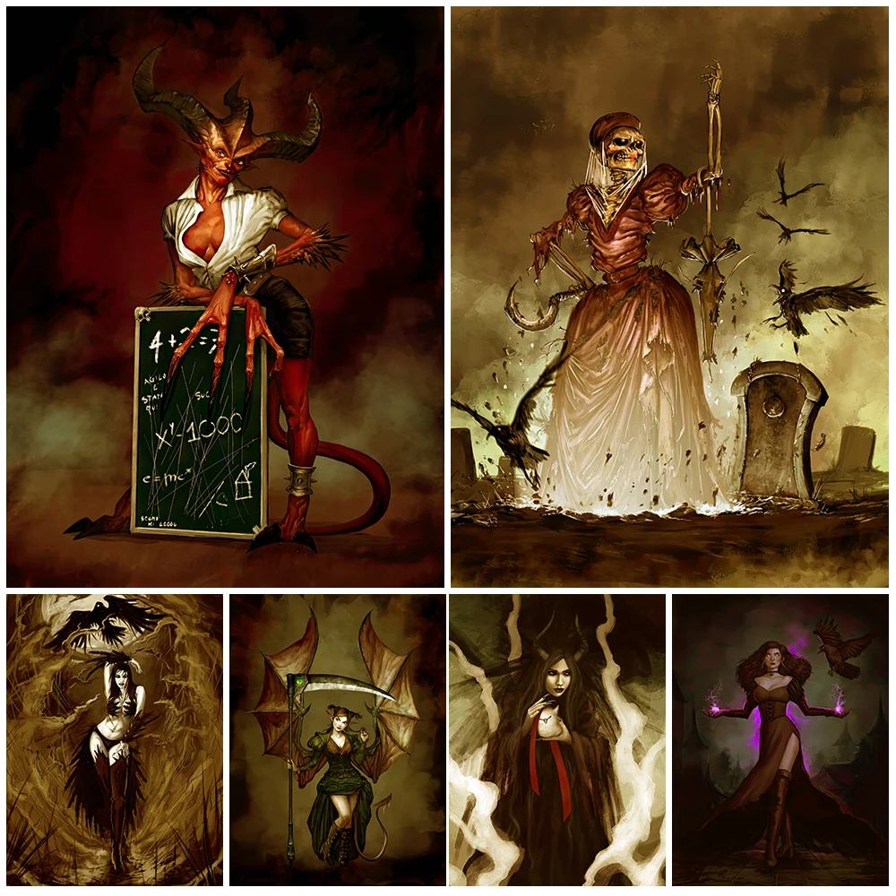 Demon Teacher,Crow Girl,Vintage Wall Art Canvas Painting The Reaper Of Tthe Necropolis Art Poster And Print Home Decor Unframed
