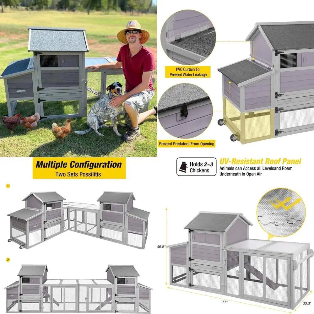 

Деревянный курятник на открытом воздухе, расширяемый с УФ-защитой панелью, ящиком для гнезда и колесами (серый)