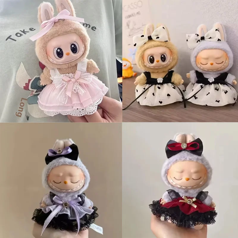 17cm Mini Plush Doll'S Clothes Outfit Accessories For Korea Kpop Labubu Idol Pink bright silk bow princess gauze skirt Clothing