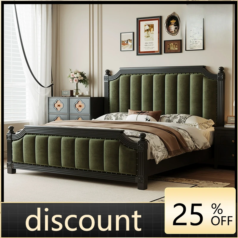 LH retro flannel soft double bed master bedroom high box storage bed