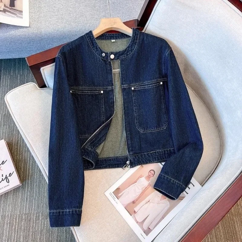 Round Neck Denim Jacket, Women's Short Style, New for Spring and Autumn 2026, Dark Blue Loose Denim Zipper Cardigan, Thin Jacket