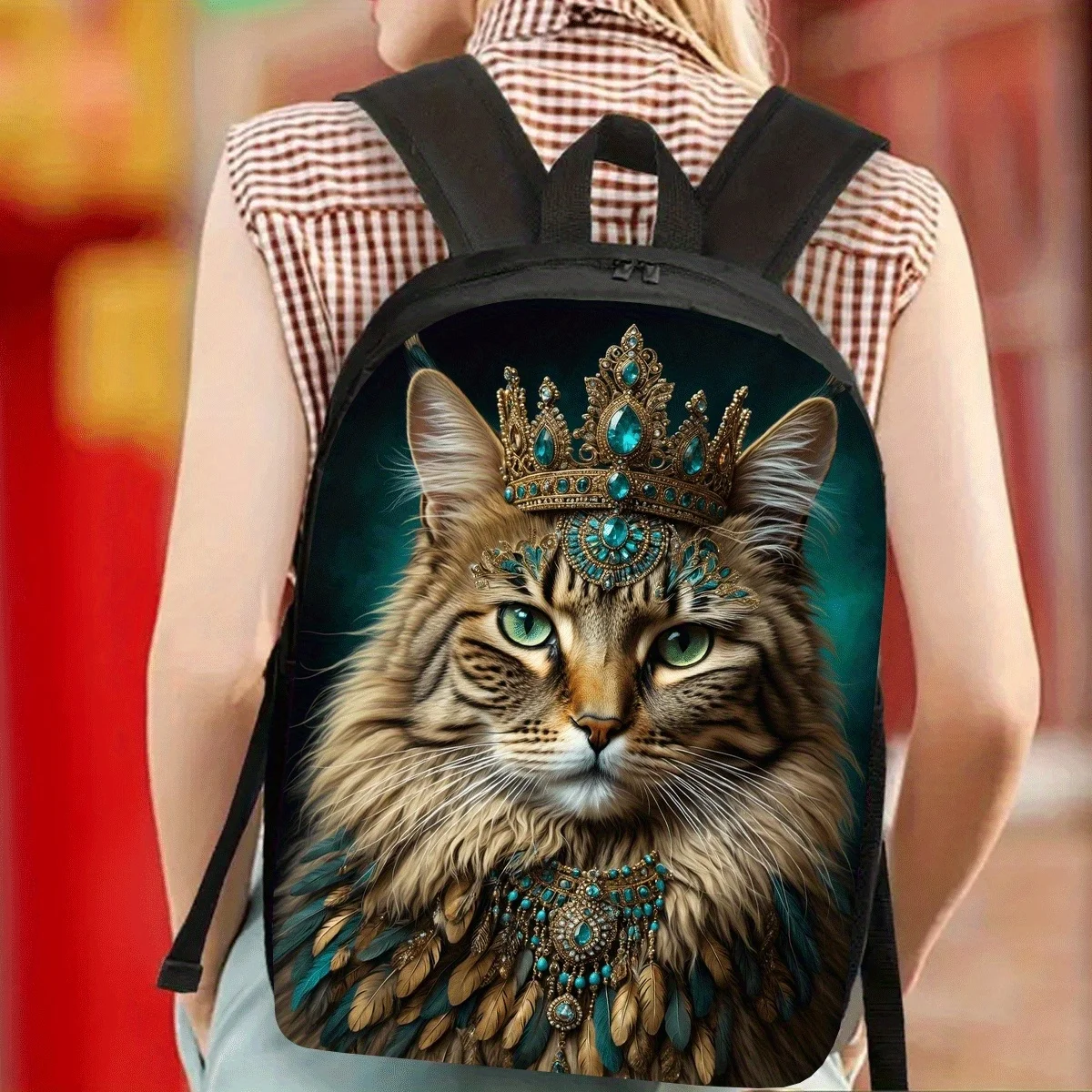 1pc Maine Coon Cat Backpack with Regal Crown & Jewel Design 17 Inch Lightweight Laptop Bag, Durable School Backpack