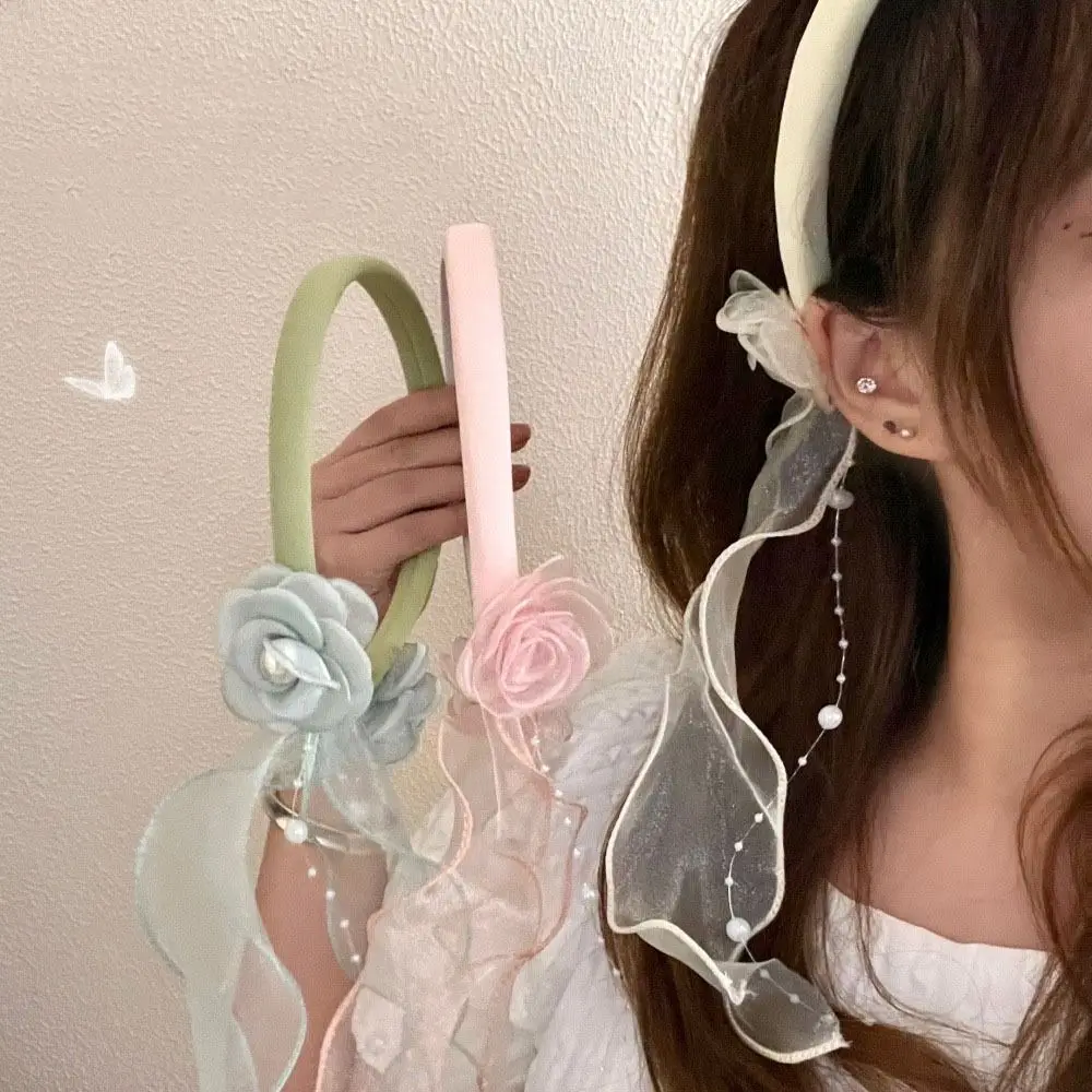 

Temperament Lace Ribbon Flower Hair Band Pearl Tassels Ribbon Headband Korean Style Fairy Hair Hoop Decoration