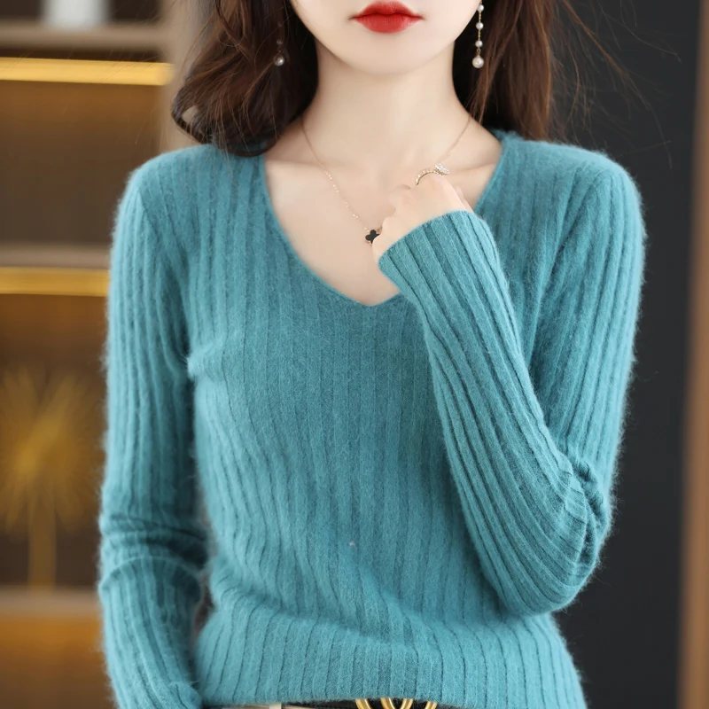 Flat V-Neck Pure Mink Cashmere Sweater Women\'s Long Sleeve Top Autumn and Winter Warm Loose Knit Pullover Solid Color Slim Base