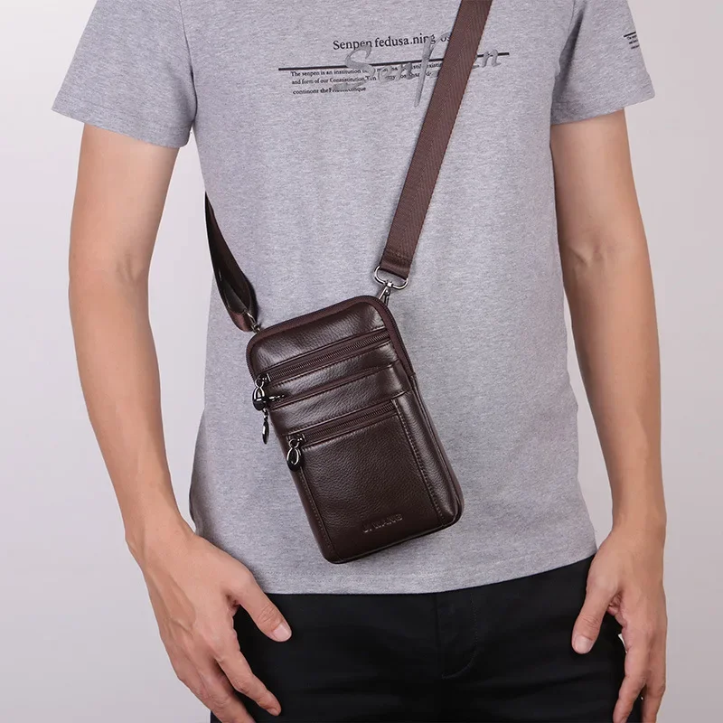 Men Small Messenger Shoulder Fanny Bags Purse Hook Fashion Cross Body Belt Pack Casual Genuine Leather Cell Phone Case Waist Bag