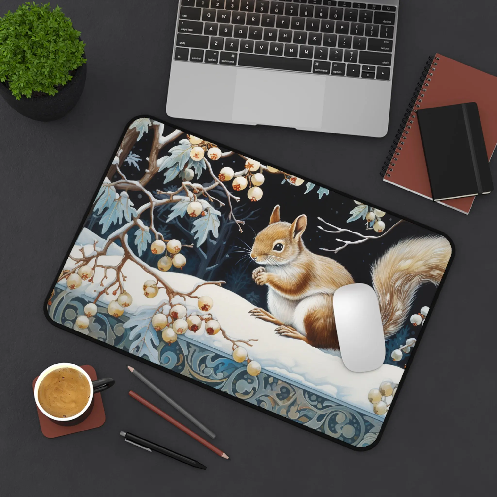 Holly Squirrel Deskmat, Cute Computer Desk Mats, Keyboard Mat, Winter Office Decoration, Couple's Gift Kawaii Desk Pad Mousepad