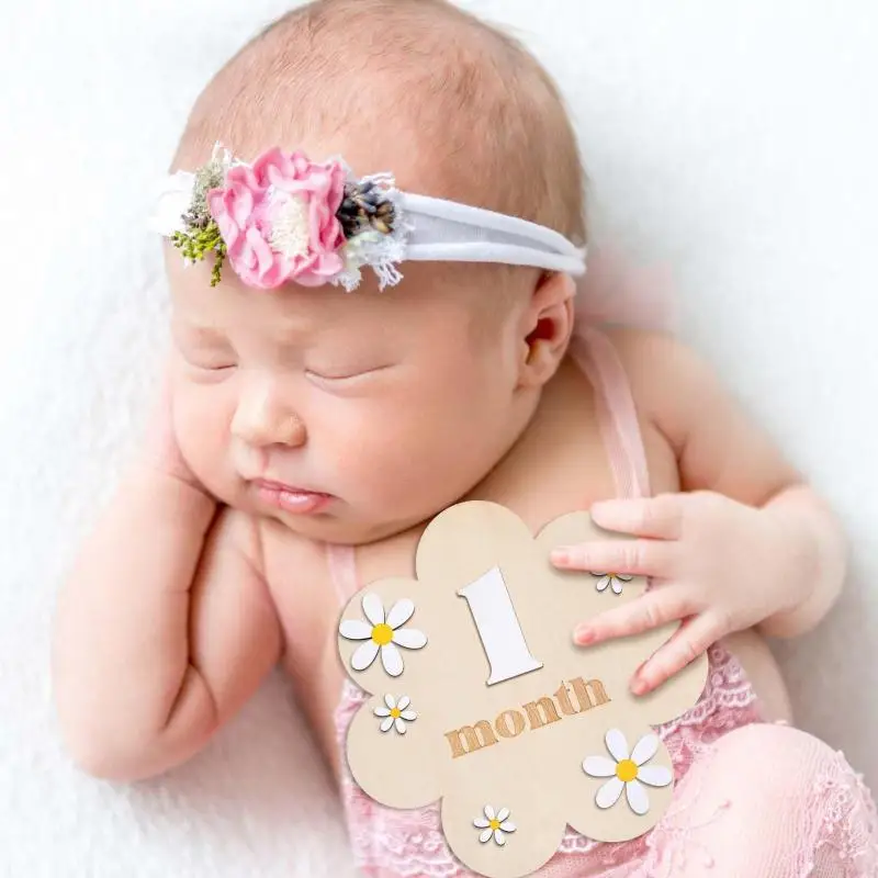 Newborn Baby DIY Photography Props boys Girls Milestone Photo Props Wooden Baby Monthly Milestone Cards 3D Flowers Double Sides