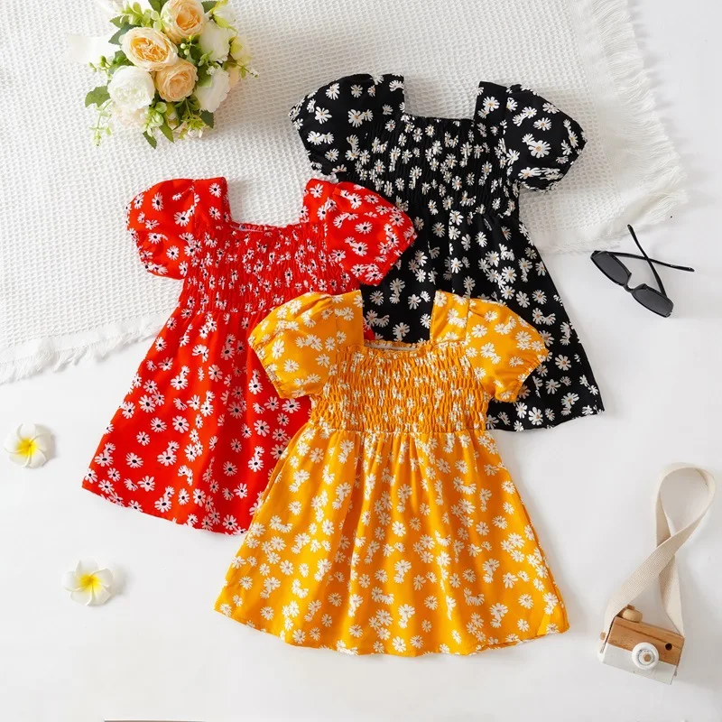 2026 Summer  0-2Years Children Fashion Print Dress Girls Korean Version Style Short Sleeves Small Daisy Dres Baby Princess Dress