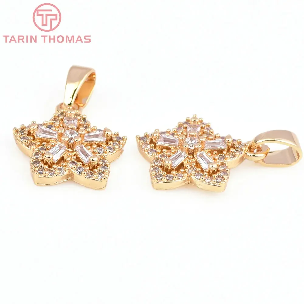 (7776) 4PCS 13x14MM  24K Gold Color Brass with Zircon Flower Shape Pendants High Quality DIY Jewelry Making Findings Accessories