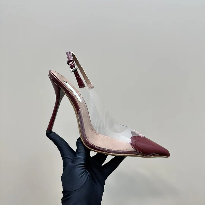 Designer Brand Original Film Cowhide Leather Pointed-toe Heart Patchwork Thin Heel Sandal Genuine Leather Sole High Heel Shoe
