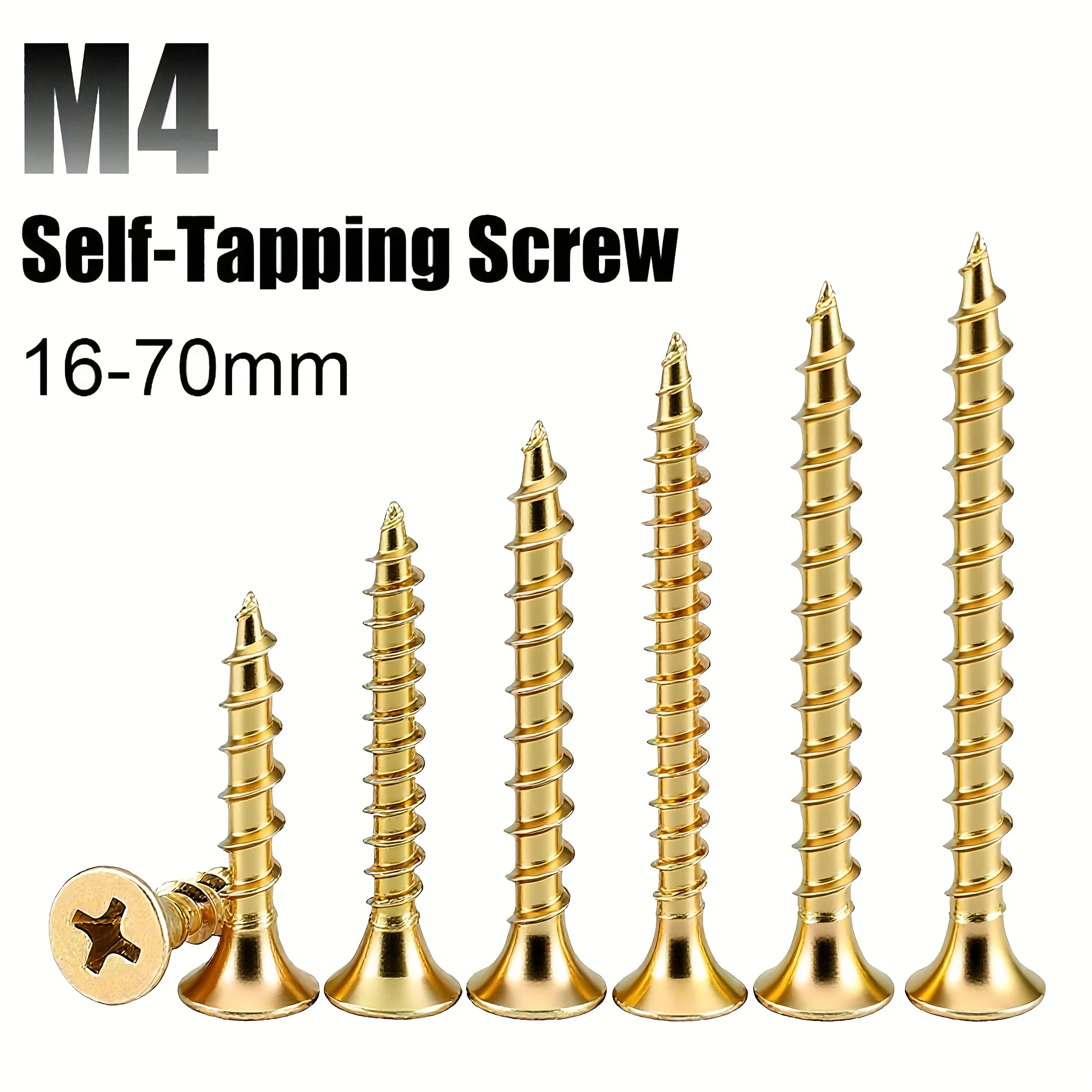 GOSUNDA, 100pcs M4 Flat Head Self Tapping Wood Screws, M4x16-70mm Gypsum Board Screws, Drywall Screws, Available in 9 Sizes