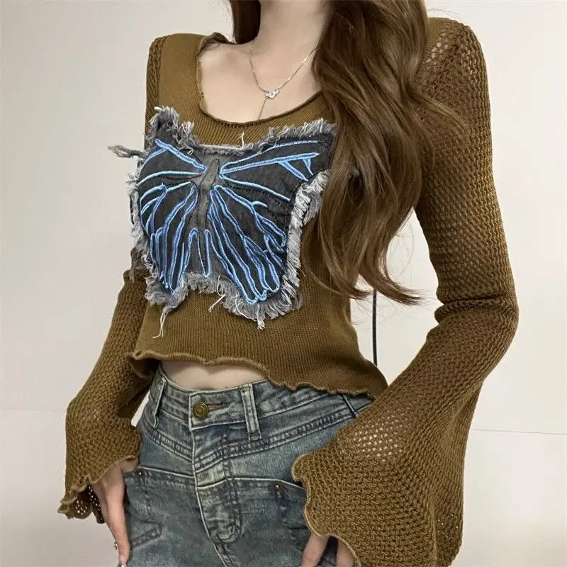 Women\'s Round Neck Spring Autumn New Fashionable Hollow Out Flare Sleeve Patchwork Embroidery Tassel Shorts Knitted Sweater Tops