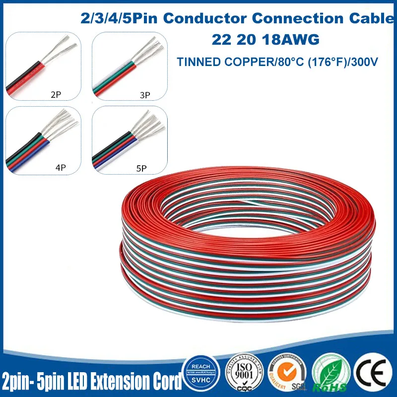 2/3/4/5-Pin LED Cable Extension Wire 22 20 18awg PVC Tinned Copper Flexible Array Wire Can be used for electrical and electronic