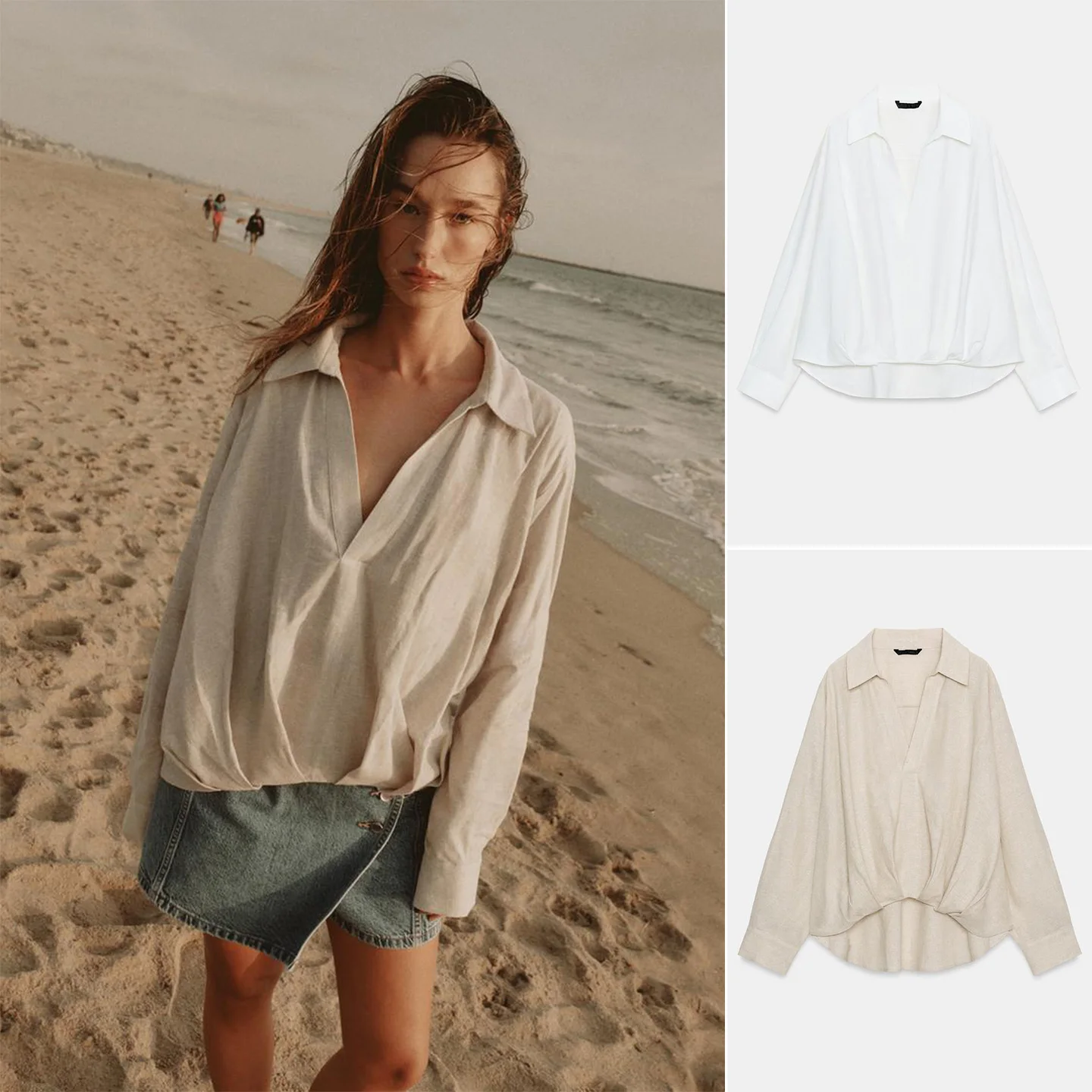 

Весна 2026: Женская рубашка свободного кроя с длинным рукавом, плиссированным подолом, расклешенным низом, из дышащего полиэстера с кружевными вставками, в простом стиле