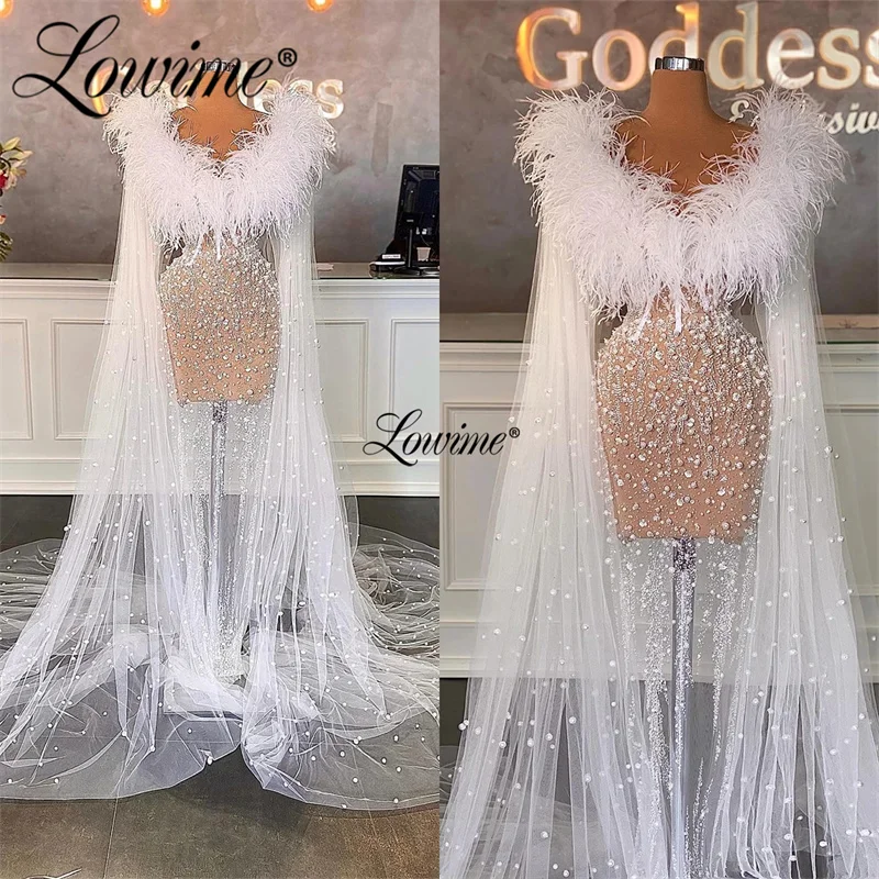 

Two Designs Long See Through White Feathers Evening Dresses Robe De Soiree Arabic Beaded Pearls Wedding Party Dress Prom Gowns