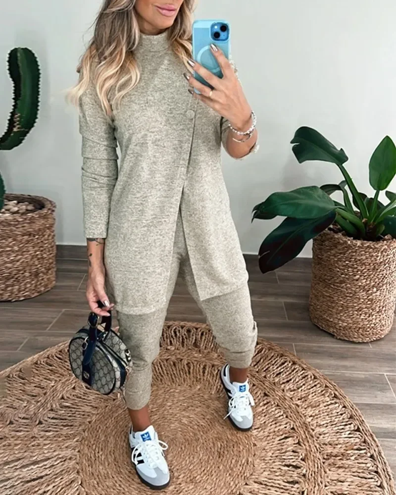 

Two Piece Set Women Outfit Autumn Button Mock Neck Long Sleeve Slit Top and Pocket Design Casual High Waist Cuffed Pants Set