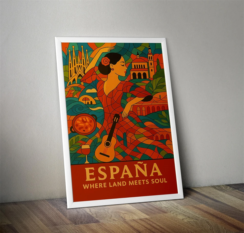 Spain Travel Poster Flamenco Dancer & Paella Print Spanish Wall Art Canvas Painting Kitchen Barcelona Gaudi Print Home Decor