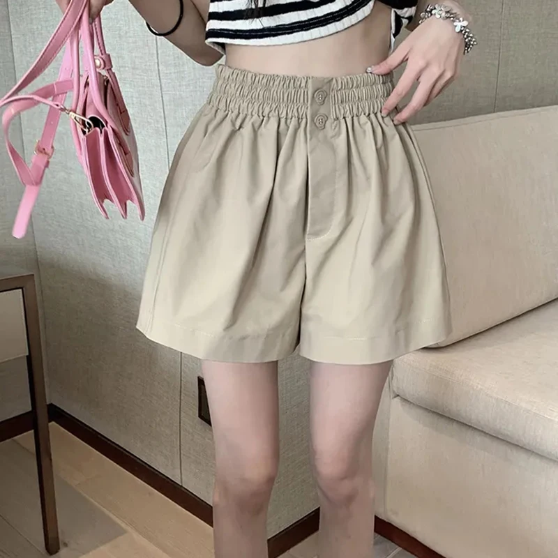 

Khaki High Waist Wide Leg Shorts Women Summer Korean Fashion Folds All Match Office Ladies Shorts Casual Streetwear Solid Shorts