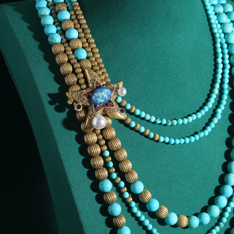 Vintage Turquoise Necklace Antique Gold Color Starfish Layered Chains Jewelry Luxury for Women 2026 New Trends Summer Beach