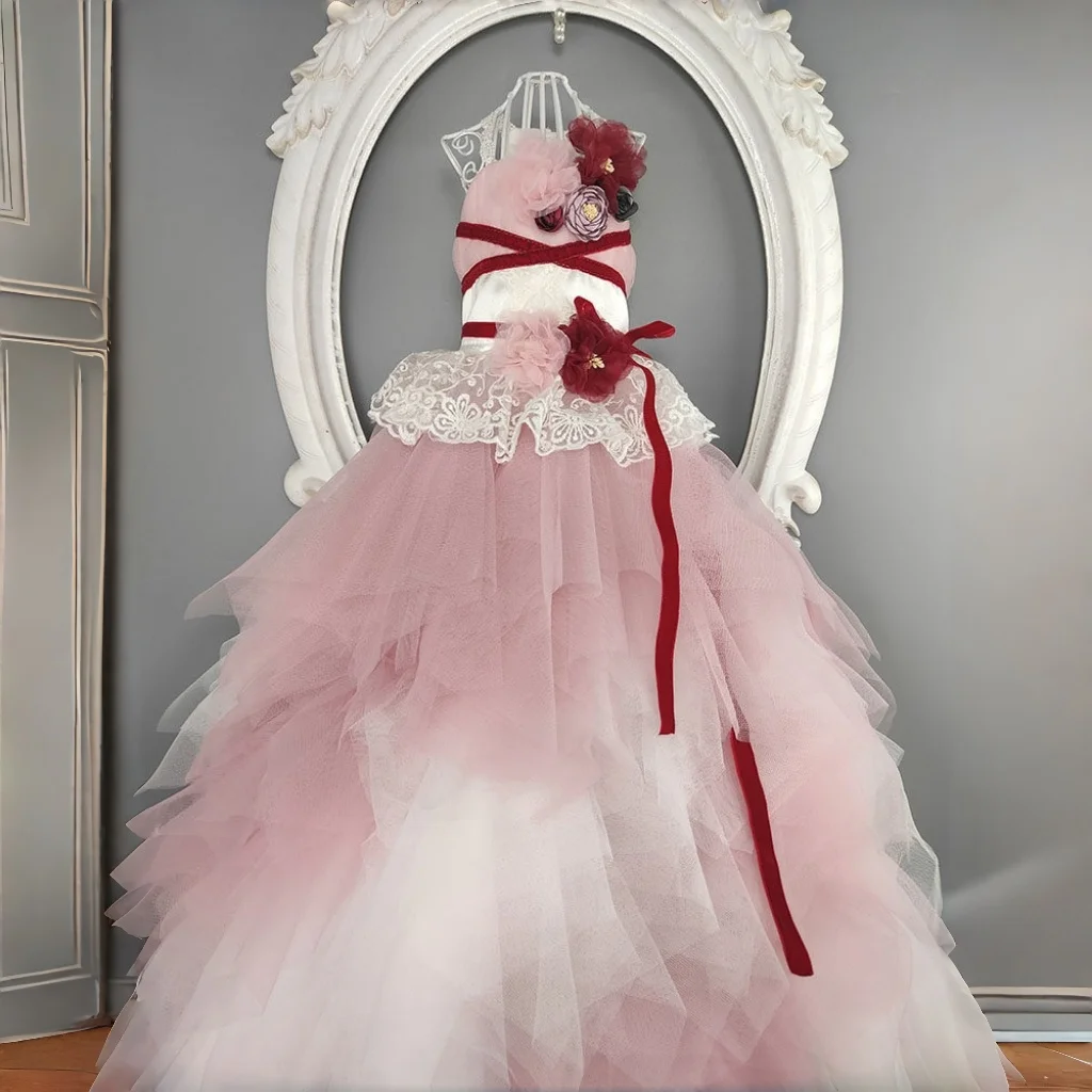 Custom Handmade Pet Dog Cat Pink Clothing Fluffy Gauze Wedding Dress Take Photos and Dress Up for Weddings Festivals Gatherings