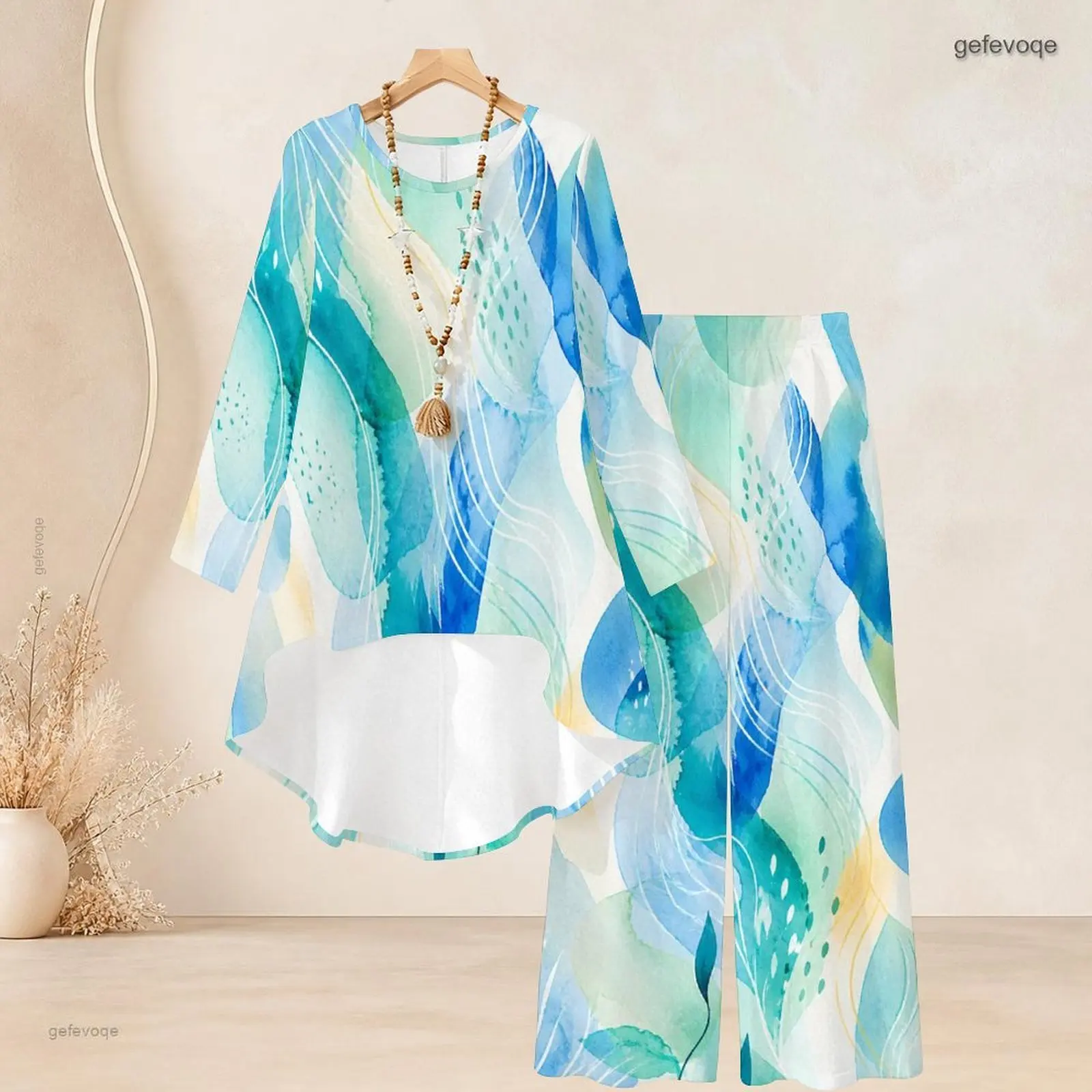 Women Printed Pants Set Round Neck Long Sleeve High Low Top Wide Leg Pants Two Piece