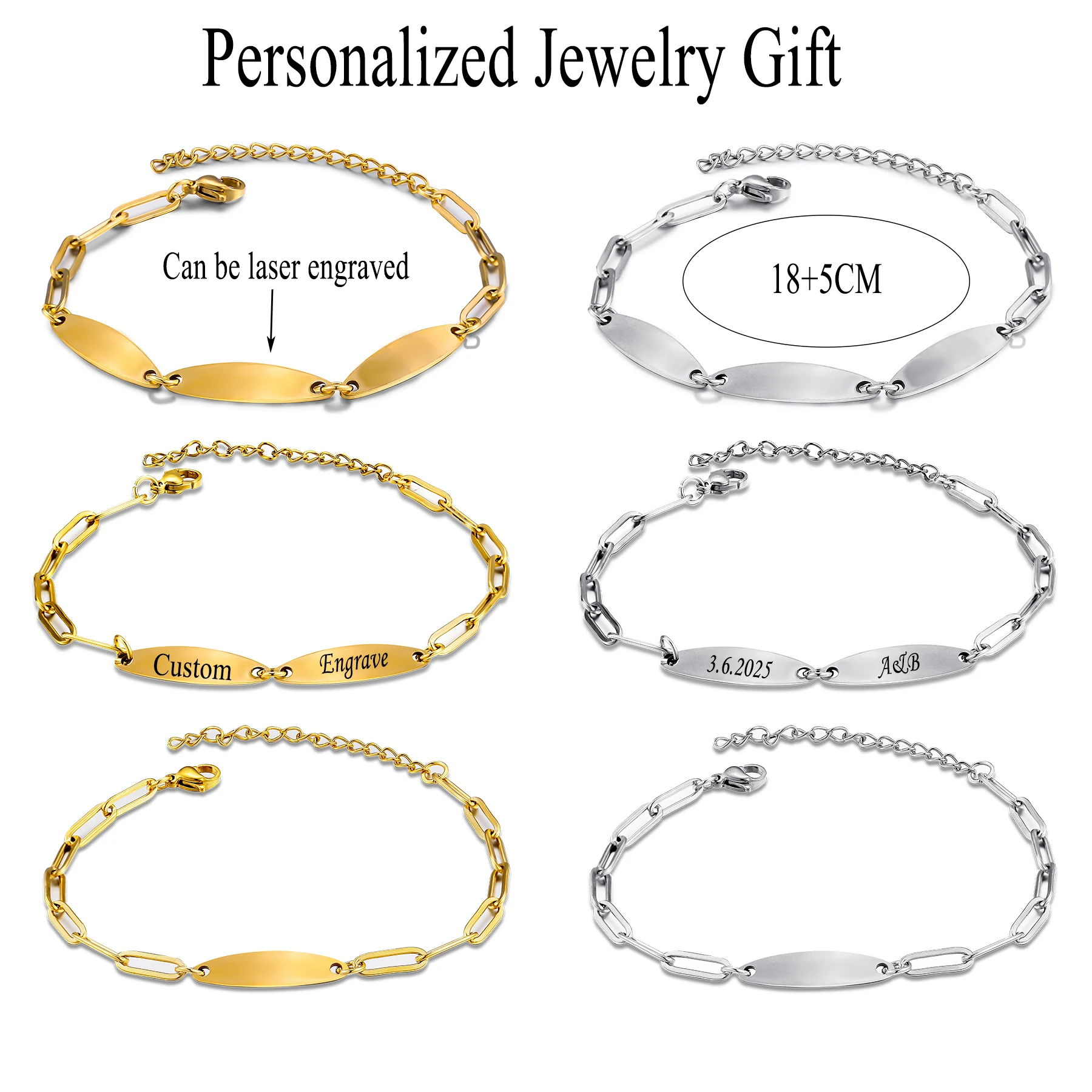 

New Engraved Name Oval Bracelets Stainless Steel Adjustable Chain Personalise Letter Date Bangle Unisex Jewelry Gifts