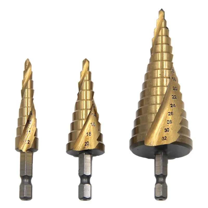 Jeu de forets étagés plaqués titane, tige hexagonale, rainure hélicoïdale, coupe-trou de travail de calcul, 4, 12/4, 20/4, 32, 3 pièces