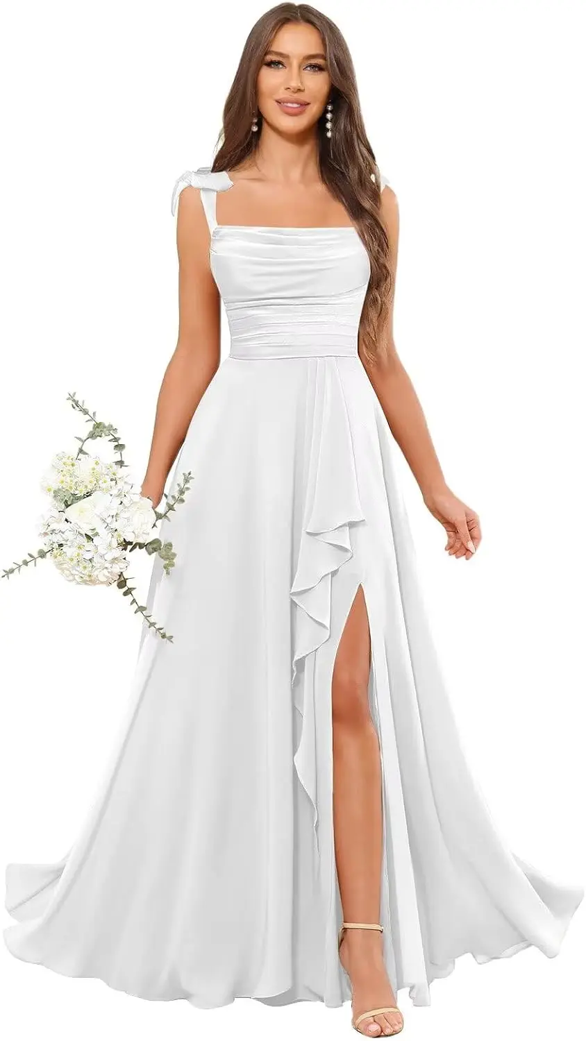 Vestido de dama de honor con borde de hoja de loto, tirantes finos para el hombro, gasa plisada, largo, Formal, para fiesta, banquete, elegante vestido de baile