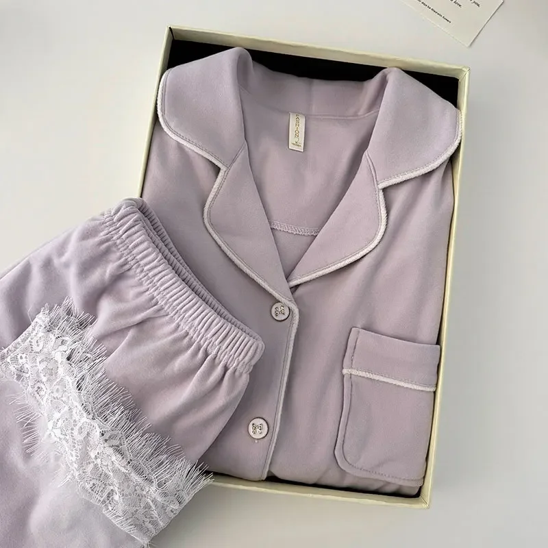 

Women Pajamas Set With Lace Trim Winter Velvet Pyjamas Women Nightwear 2pcs Female Sleepwear Solid Pijama Warm Home Clothes Suit