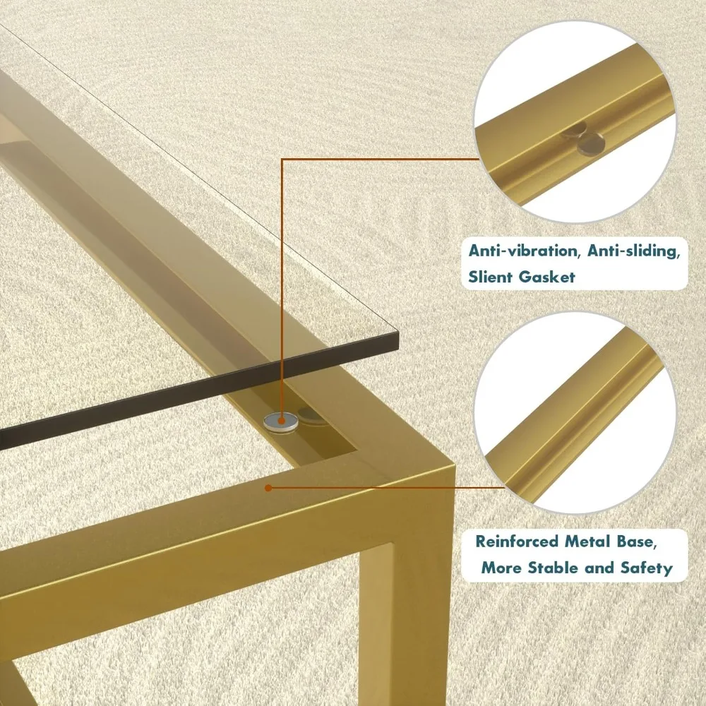 Golden modern glass coffee table, simple square central table for small spaces, for living room home office, easy to assemble