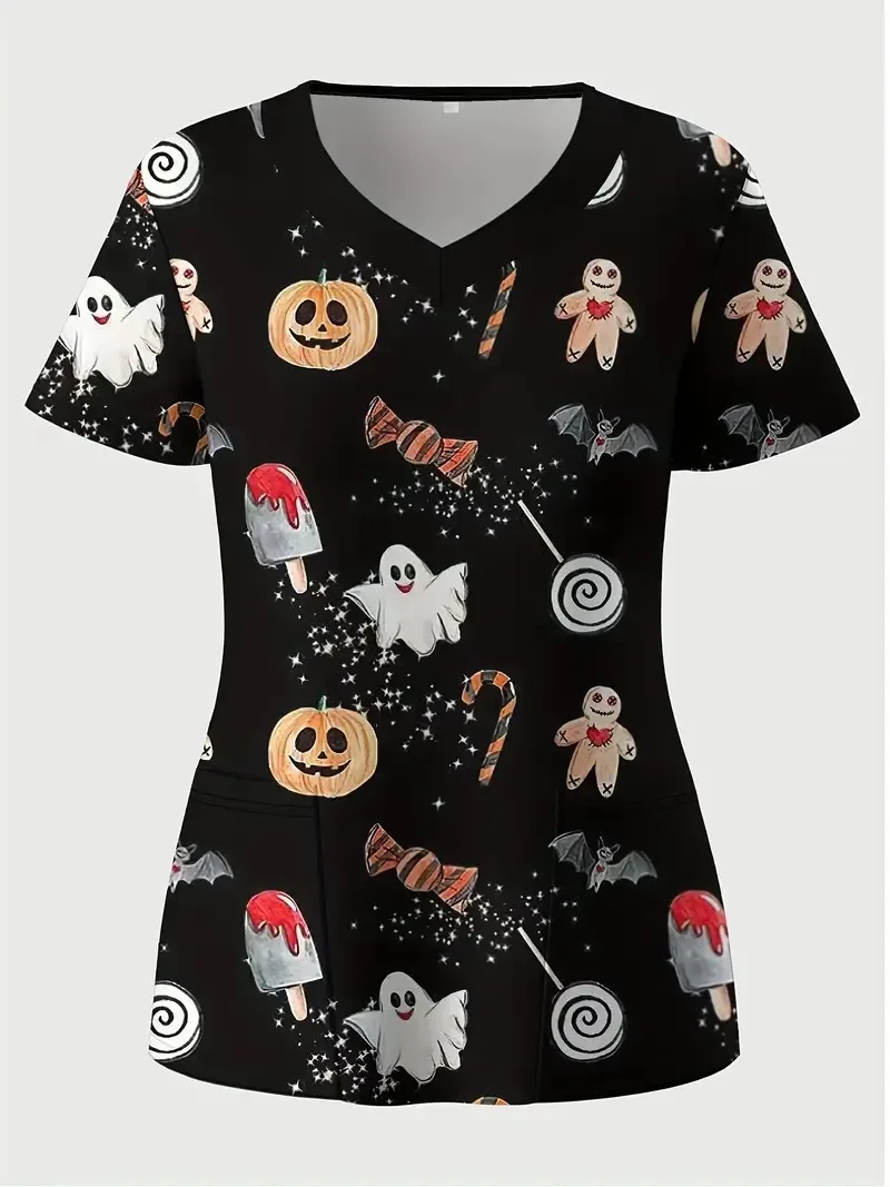 New style V-neck slim fit double patch pocket short sleeved workwear Halloween series cartoon pumpkin ghost 3D digital printing