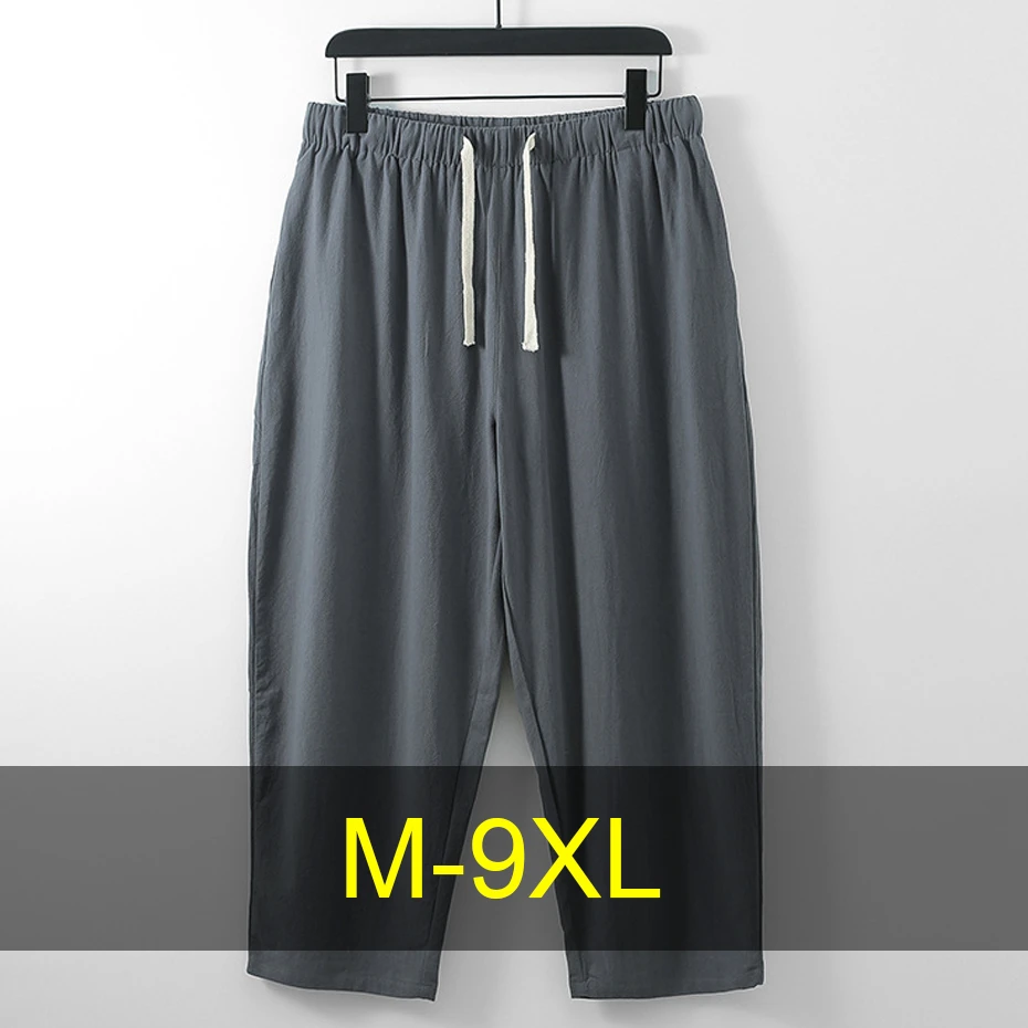 

9XL Plus Size Ankle-Length Pants Men Solid Color Pants Black White Fashion Casual Cotton Linen Straight Pants Male Big Size