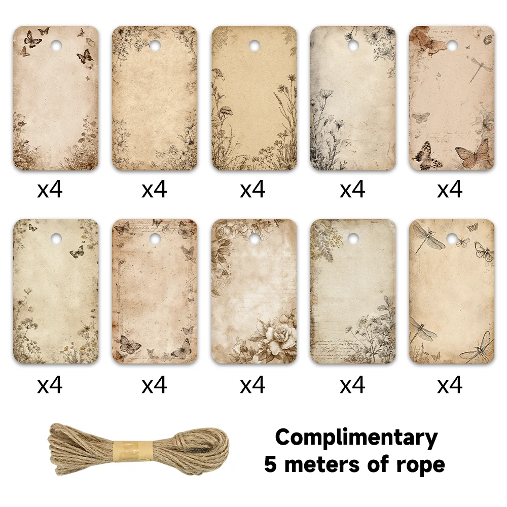 40pcs Vintage Butterfly  Floral Decorative Tags,Aesthetic Gift Labels,Party Decoration,Handmade Packaging Accents with Jute Rope